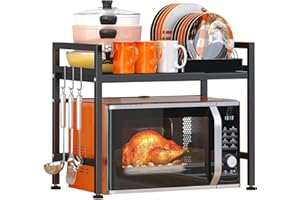 Vizgifin Expandable Microwave Oven Rack,2 Tier Microwave Shelf with 4 Hooks,Metal Adjustable Microwave Stand Countertop Kitchen Shelf for Kitchen Storage(Black)