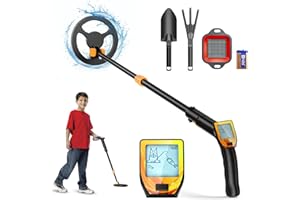 KOOEURU Metal Detector Bambini, Leggero Metal Detector per Bambini Asta Regolabile 66-83 cm con Display LCD e Indicazione SUONO, Bobina Di Ricerca Impermeabile, con Rastrello Pala Setaccio, per Principianti