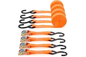 TOPZEA 4 Pack Ratchet Straps with Hook, 2.5MM x 6M Polyester 450kg Capacity Cambuckle Tie Down Strap Pull, Cargo Lashing Securing Straps with Metal Cam Buckle & S Hooks for Truck, Mower, ATVs