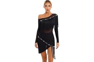 Nyeemya Vestido de Baile Latino con Flecos para Mujer Vestido de Danza Tango Salsa Rumba Manga Larga Ropa de Baile de Salón Traje de Samba Cha Cha Disfraz Bailarina