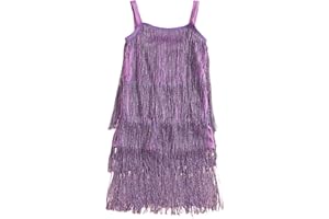 LYSINK Kids Girls Tassel Camisole Dress Sparkly Layered Tassels Sleeveless Zip Dress for Dancewear Party Latin Dance Dress