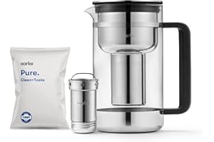Aarke Purifier Large, carafe filtrante en verre et acier inoxydable, 1,7 L / 7 tasses, avec un sac de recharge de filtre Pure Aarke