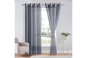 DWCN Dark Grey Sheer Curtains with Tiebacks Semi Transparent Voile Grommet Curtains Elegant Window Curtains for Bedroom and Living Room,2 Panels,W56 x L90