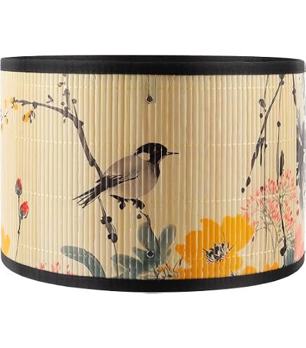 Abat-Jour Tambour FANSU - Tissu Lin 30x30x20cm (Design Plante/Oiseau) Pour Lampe Table/Chevet