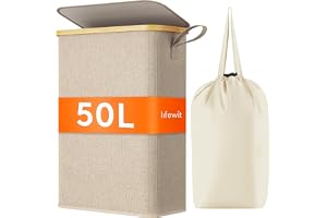 Lifewit Smal Tvättkorg med Lock, 50 L, Beige | Extra Platt Bambu Tvättkorg med Avtagbar Tvättpåse och Handtag, Klädkorg för Sovrum, Badrum och Tvättstuga