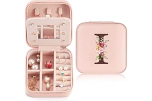 Sinekong Portagioie con Lettera Iniziale I Portagioie con Fiore Piccoli Scatola Portagioie da Viaggio con Specchio Ragazza Donna Regalo per Damigella Compleanno Natale