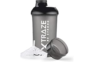 xtraze Protein Shaker 500 ml mit Pulverfach 150 ml - BPA frei - Fitness Becher auslaufsicher mit Skala - Sieb für cremige klumpenfreie Eiweiß Shakes - Schwarz