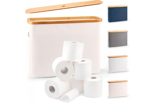 LONBET Rangement Papier Toilette pour 12 Rouleaux - Range Papier Toilette Pliable et Empilable avec Couvercle en Bambou - Organisateur de Salle de Bain Étanche et Élégant - Panier Papier WC Beige