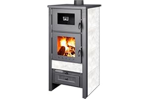 ProTermo Taurus Weiß Kaminofen mit Backfach und Thermometer – 12kW Heizleistung - Holzofen mit Schamottstein 52 x 50 x 107cm 2 Sichtfenster Werkstattofen - Bauart 1