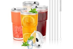 LUOJINYI bicchieri in vetro con coperchio e cannuccia, 600 ml (600ML-4 Pezzi)