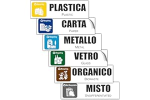 EVM Set Adesivi in PVC Morbido, 6 pz. Impermeabili, Lavabili per Raccolta Differenziata Riciclaggio rifiuti Italiano e Inglese (20 x 6 cm - Color)