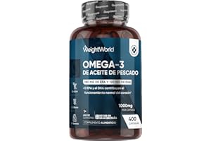 WEIGHTWORLD Omega 3 DHA y EPA 1000mg de Concentración 400 Cápsulas Blandas para Más de 1 Año - 180mg EPA + 120mg DHA, Contribuye al Funcionamiento Normal del Corazón (EFSA), Sin OGM ni Gluten
