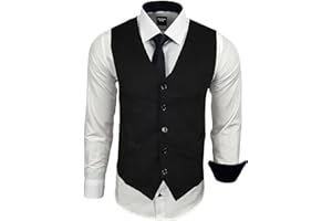 Subliminal Mode - Gilet + Chemise + Cravate Homme Col Bicolore Uni Manches Longues Coupe Ajusté Business Repassage Facile RN33