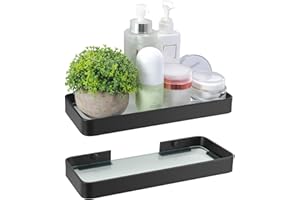 Z metnal Small Glass Bathroom Shelves, 25cm Black Floating Shelf, Mini Wall Shelf for Bathroom Organizer With Glass, Wall Mounted, 2Pcs, 10 inch
