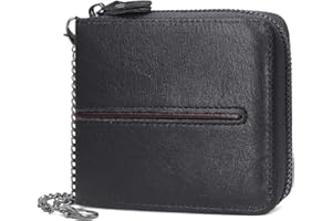 GOUNNU Portmonetka męska skórzana, z ochroną RFID, duża pojemność, 13 przegródek, portfel z zamkiem błyskawicznym, portmonetka dla mężczyzn z odpinanym długim łańcuszkiem, czarny,