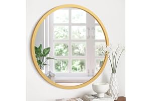 JJUUYOU Circle Wall Mirror 40 CM Wooden Round Mirror for Bathroom Gold Circular Mirrors Washroom Wall Mounted Wood Frame Make up Mirrors for Living Room Bedroom Dorm