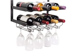 Cyiecw Portabottiglie in metallo da parete con porta bicchieri da vino, portabottiglie per cucina, sala da pranzo, ristorante, bar, contiene 8 bicchieri da vino e 8 bottiglie di vino
