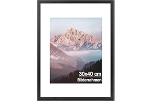 OMISHE Massivholz Bilderrahmen 30x40, Rahmen 30x40, Schwarzer Bilderrahmen 30x40 cm mit 21,5x28 cm Passepartout und Plastikhülle, Holzbilderrahmen 30 X 40cm zum Aufhängen, Schwarz, 1 Pack