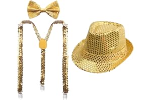 CARNAVALIFE Juego 3 de Tirantes Elásticos Pajaritas Ajustables y Sombrero de Copa de Lentejuelas Brillantes para Niños Disfraz de Fiesta Carnaval Halloween Navidad