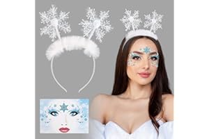 BOFUNX Cerchietti Natalizi di Fiocco di Neve Fascia per Capelli di Fiocco di Neve con Adesivi per Viso Glitterati per Donna Ragazza Natale Capodanno Festa