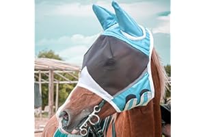 CLDURHGE Maschera per mosche cavalline Super Fit Maschera per mosche cavalline Protezione UV con paraorecchie (L, blu e bianco)