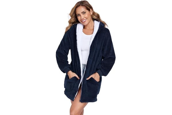 RONGTAI Lammfäll Hoodie för Damer – Enfärgad Dragkedja Cardigan med Foder – Vinterpyjamas – Supervarm Hemmkläder