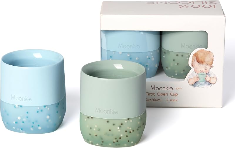 Moonkie Trinklernbecher Baby Silikon | 2er-Pack Offener Lernbecher ab 4 Monate | BPA-frei | mit Messskala | 60ml Tiny Cup(Äther/Mint)