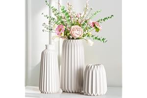 Ezvsevuo Blanco Jarrón de Cerámica, Florero Juego de 3 Jarrones Decoración Moderna del Hogar, Jarrones para Flores Frescas y Secas para Sala de Estar, Boda, Mesa de Cena