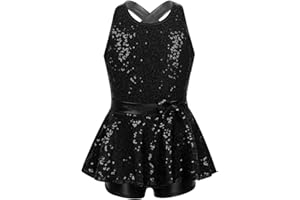 inhzoy Kids Girls Sequin Jazz Modern Dance Dress Criss Cross Back Dance Costume Stage Performance Dancewear