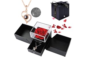 gudong Rose Eternelle Femme, Fleur de Rose Conservée à la Main avec Collier et Carte de Voeux, Idee Cadeau Anniversaire Saint Valentin Fete des Meres Noël pour Femme Maman