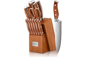 FOHERE 14 Pezzi Set Coltelli da Cucina in Acciaio Inossidabile con Ceppo Coltelli con Affilacoltelli con Blocco in legno