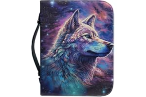 Kuiaobaty Custodia per notebook in ecopelle con stampa lupo con cerniera, custodia per notebook con manico, borsa per libri con vernice stellata galassia con tasca per penna