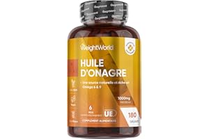 WEIGHTWORLD Huile d'Onagre Pressée à Froid 1000mg - 180 Gélules Vegan Multi Usages pour 6 Mois - Riche en Oméga 6 & 9 avec Acide Linoléique, Oléique & Gamma-linolénique, Testé par Eurofins, sans OGM & Gluten