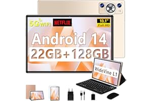 ‎DEERTIME Tablet 10 Zoll Android 14 Tablet mit Tastatur, Octa-Core 2.0Ghz, 5G+2.4G WLAN, 22GB RAM+128GB ROM TF 1TB, 8000mAh, BT 5.0, GPS, Widevine L1, Gesichtserkennung, 1280*800, 8+5MP, Tablet mit Maus, Gold