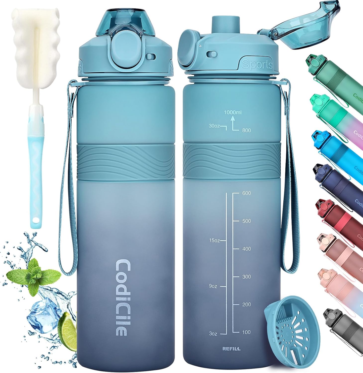 CodiCile - Gourde 1l, sans BPA Bouteille d'eau plastique, grande étanche gourde sport 1 litre idéale pour Gym, School, Office and Travel (Bleu foncé clair)