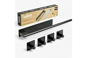 ROVIQ Toallero Adhesivo sin Taladro para baño – 1 toallero + 4 Ganchos – Acero Inoxidable 304, Adhesivo 3M VHB, instalación Limpia en Pared – diseño Moderno, Color Negro Mate