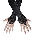 Penta Angel 1920s Black Long Opera Gloves with Finger Loops Stretchy Fingerless Floral Embroidery Sequins Stain Evening Bridal Party Elbow Gloves for Women Girls Theme Party Halloween Costume