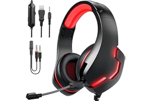 GAMURRY Auriculares Gaming para PS4, Gaming Headset de juegos con cable USB Audio Jack de 3,5 mm, auriculares Over Ear con micrófono, luz LED y control de volumen, auriculares para PS4 Xbox One S,PS