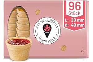 ‎MÜLHEIMER MANUFAKTUR MyNaschbar Portionsbecher VEGAN rund, 96 Stück, 22 ml, 29 mm lang, Ø 49 mm – Knusprige Waffelbecher zum Befüllen – Ideal für Dips, Marmelade, Dekorationen & Fingerfood – Waffeln in Eisdielen-Qualität