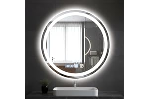 Hondony Espejo de Baño Redondo LED de 60 x 60 cm con Luz, Iluminado, Montaje en Pared, Antivaho, Luz Regulable de 3 Colores, Espejo Antivaho con Luces Retroiluminadas para Baño