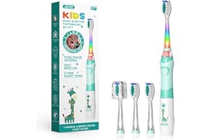 Seago Elektryczna szczoteczka do zębów dla dzieci, elektryczna szczoteczka do zębów z 4 główkami szczoteczki, tęczowe światło LED, dla młodych chłopców i dziewcząt w wieku od 3 lat, zielona