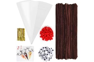 BLUELVES Pfeifenreiniger Braun zum Basteln SET-100pcs Pfeifenputzer Braun + 50pcs Süßigkeiten & 50pcs Twist Ties+ 100pcs wackelaugen selbstklebend + 100pcs Rote Pompons