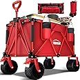 Overmont 150kg Festival Camping Trolley on Wheels - Heavy Duty Folding Beach Wagon Cart with Extra Wide Wheels, Adjustable Handle, Portable for Outdoor, Garden, Shopping, Fishing - Red