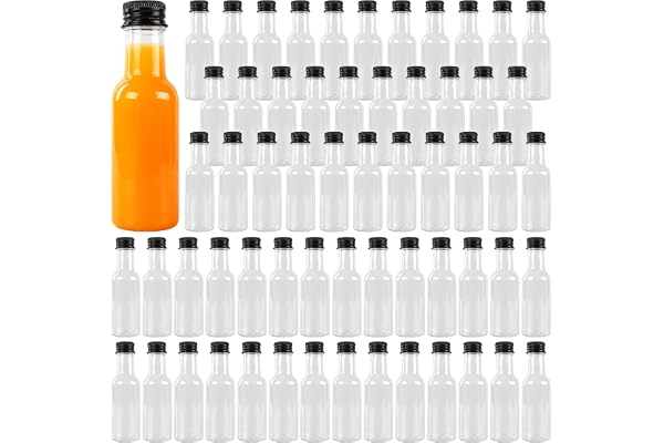 KEILEOHO 70 stycken 10,5 x 3,2 cm 50 ml mini transparenta plastflaskor, små plastspritflaskor, små likörflaskor shot flaskor för likör, fester och presenter