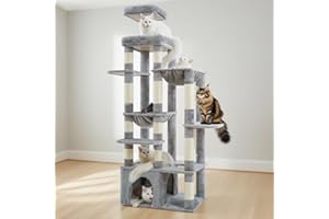 Heybly Árbol para Gatos, 180 Cm con Rascador para Gatos, Base Extra Estable, Plataforma XL, Casa Grande, 2 Hamacas, Ideal para Razas Grandes como Maine Coon, Gris Claro HCT037W