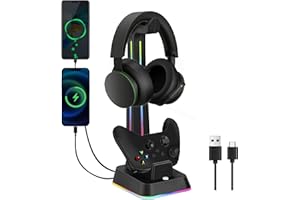 JDGPOKOO Controller Charger with RGB Headphone Stand for Xbox Series X/S, Controller Charger Station with 2 USB Charging Port, Charging Station Dock for Xbox Headset and Controller Stand Holder -Black