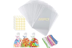 Rhimooay 200 Stück Kleine Tüten für Süßigkeiten, 15x10 cm Plastiktüten Cellophantüten Klein, Süßigkeiten Tüten, Candybar Tüten, Kleine Tütchen Zellophantüten für Hochzeit