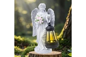 SILKWISH Solar Engel Gartenstatuen, LED-Schutzengel-Figur mit LED Solar Laterne, Grabschmuck Outdoor Deko, Wetterfest Friedhof Gartendeko, Gartendeko Figuren für Herbstdeko Hof, Friedhof, Terrasse, Fensterbank