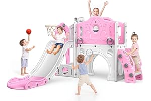 NAXUDCOO Kinder Rutsche: große Kleinkind Rutsche mit Basketballkorb, Spielzeug für Kleinkinder 1-3 Jahre (Rosa)