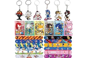 BIRBANN Hedgehog，Sonico Decorazioni per Feste di Compleanno, 30PCS Bomboniera per Feste di Compleanno a Tema Sonico per Bambini: Braccialetti Sonic, Stickers ，Portachiavi "Sonico", per premi di Carnevale, Reg